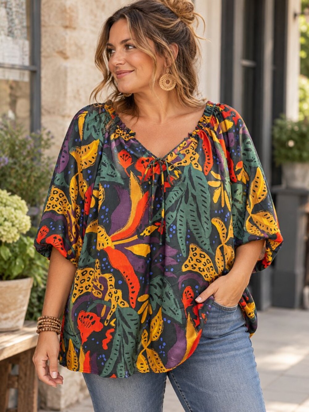 Skies Are Blue Blouse 2X NWT Abstract Tropical Print Boho Puff Sleeve Top